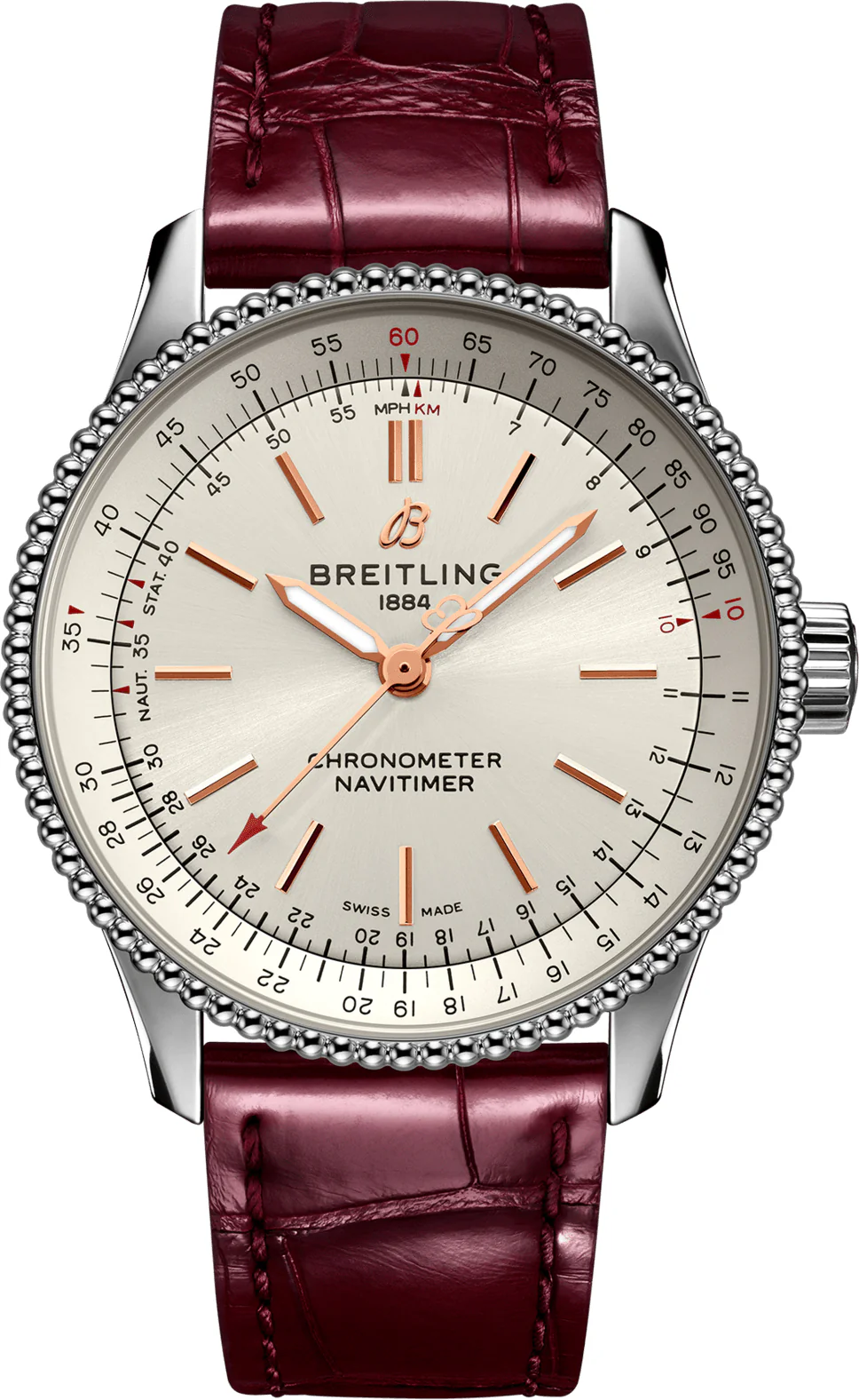 Breitling Watch Navitimer Automatic 35 Silver Burgundy Croco Tang Type