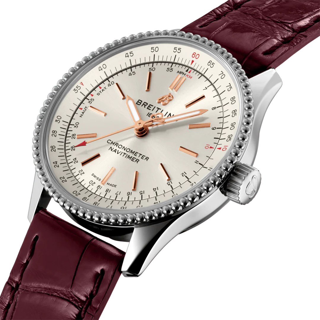 Breitling Watch Navitimer Automatic 35 Silver Burgundy Croco Tang Type - Image 4