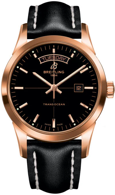 Breitling Watch Transocean Black Red Gold Leather Tang Type