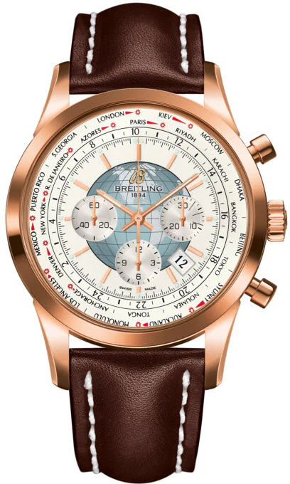 Breitling Watch Transocean Chronograph Unitime Polar White Red Gold