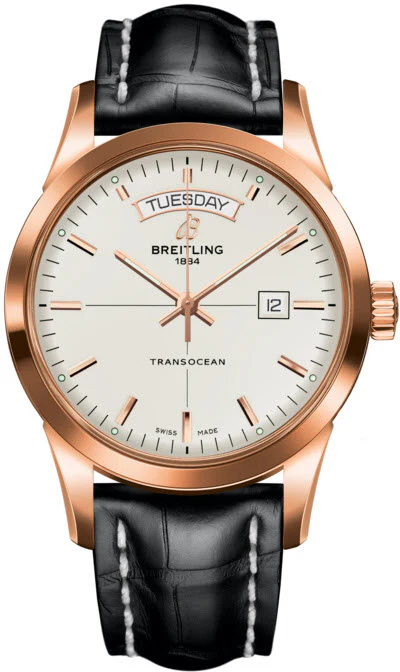 Breitling Watch Transocean Mercury Silver Red Gold Croco Tang Type