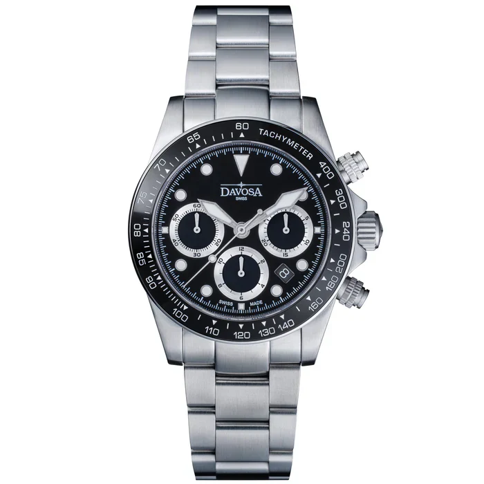 Davosa Watch Ternos Professional Chronograph Black Dial Tri Link Bracelet Watch