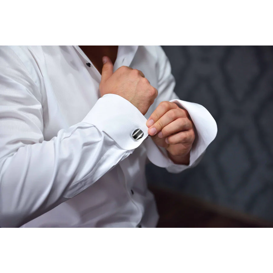 Deakin & Francis Cufflinks Sterling Silver Barrel Striped Onyx Inlay - Image 3