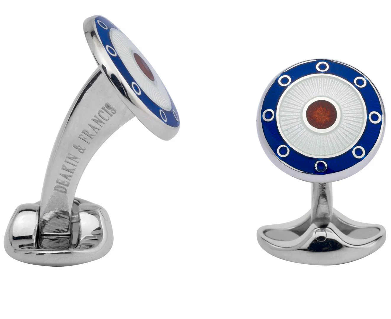 Deakin & Francis Cufflinks Sterling Silver Round Navy Blue Clear Red Enamel