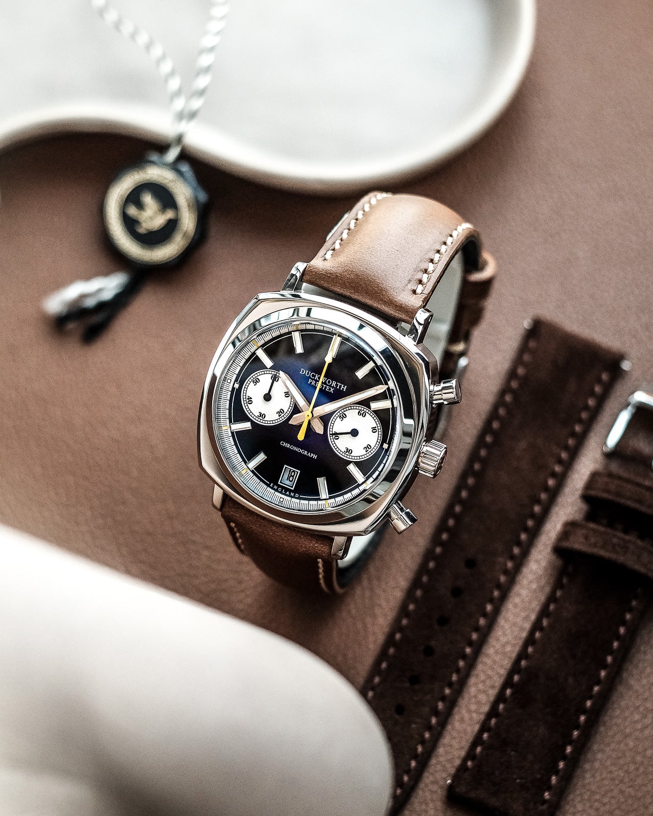 Duckworth Prestex Chronograph 42 Black Sunburst Tan Leather Watch - Image 5