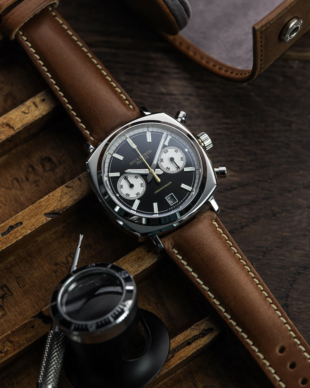 Duckworth Prestex Chronograph 42 Black Sunburst Tan Leather Watch - Image 8