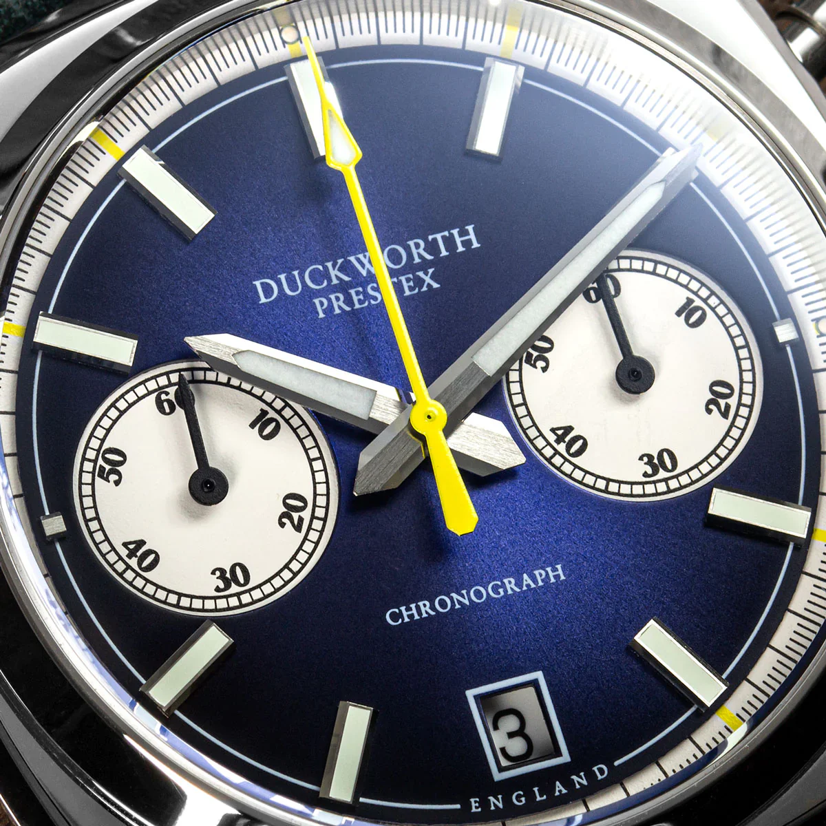 Duckworth Prestex Chronograph 42 Blue Sunburst Grey Leather Watch - Image 2