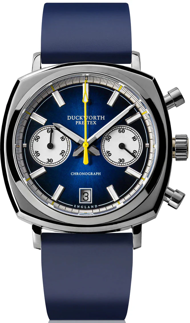 Duckworth Prestex Chronograph 42 Blue Sunburst Blue Rubber Watch