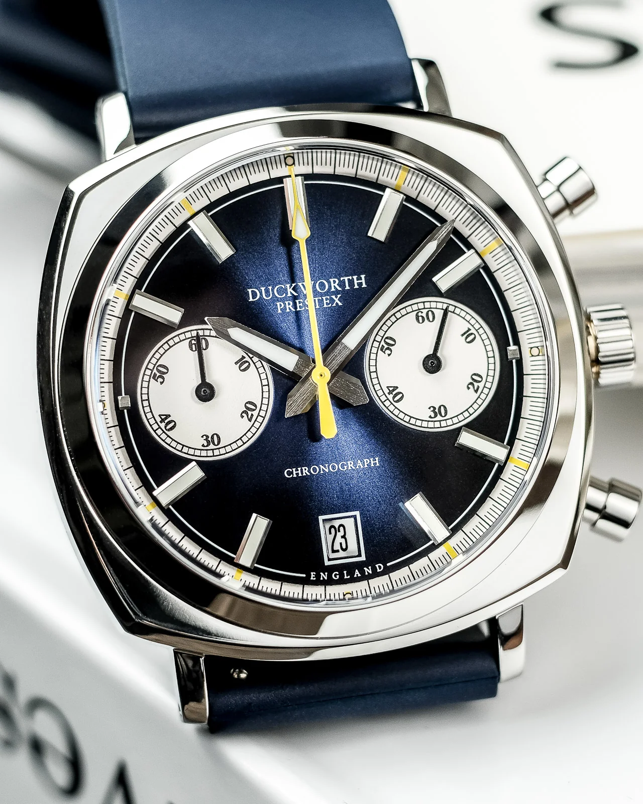 Duckworth Prestex Chronograph 42 Blue Sunburst Blue Rubber Watch - Image 4