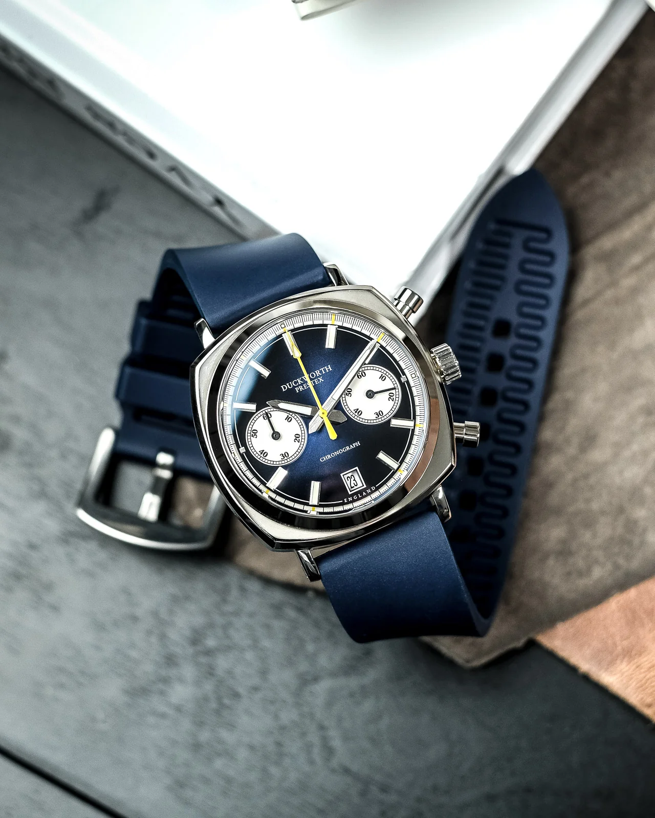 Duckworth Prestex Chronograph 42 Blue Sunburst Blue Rubber Watch - Image 5