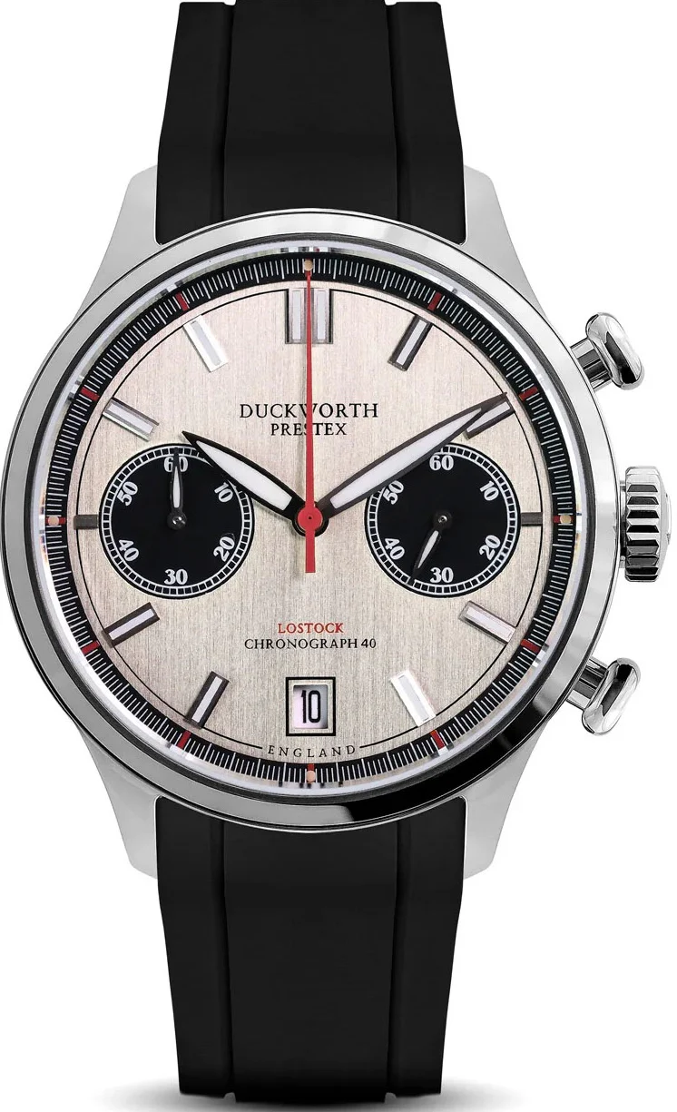 Duckworth Prestex Lostock Silver 40mm Quartz Chronograph Black Rubber Watch