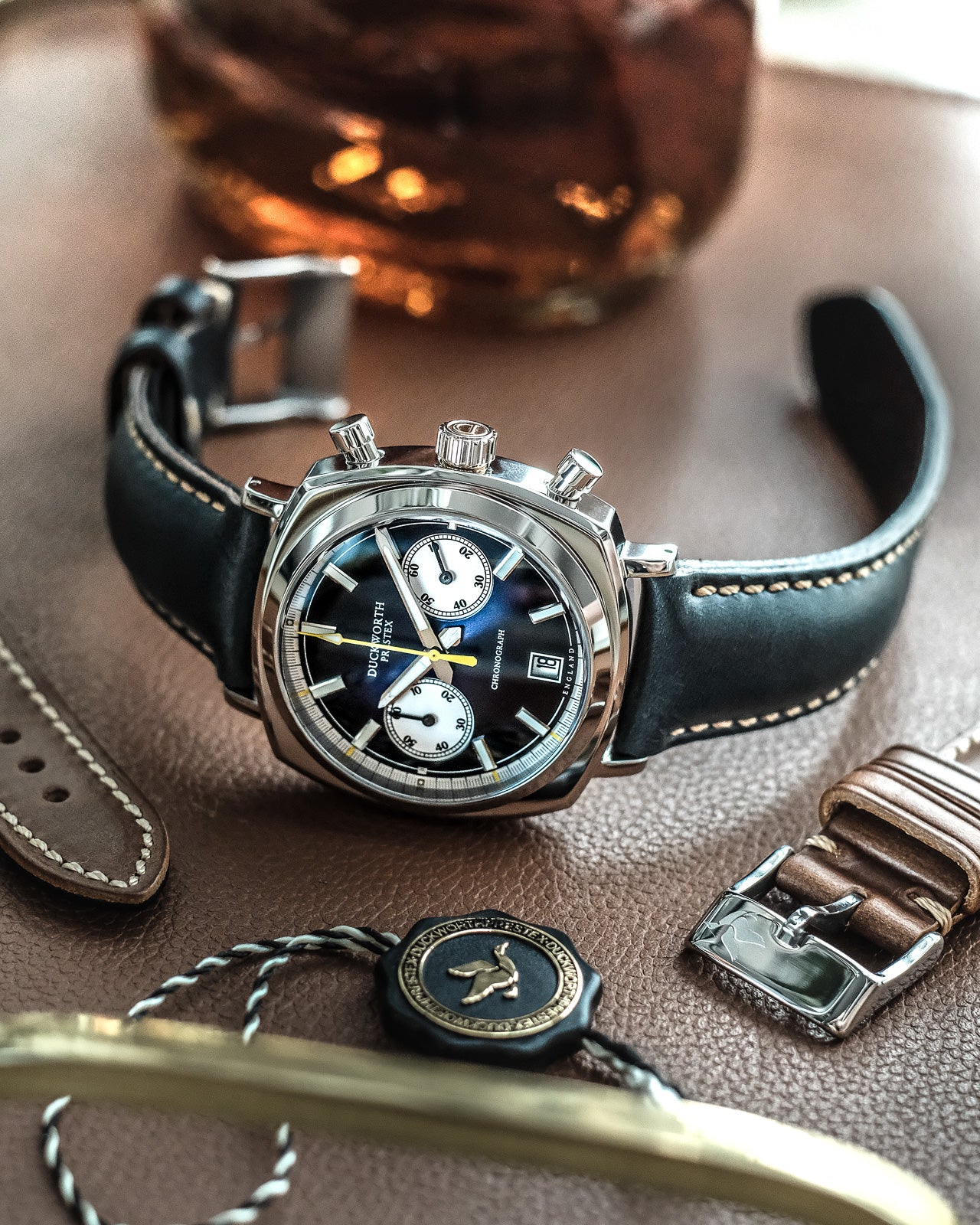Duckworth Prestex Chronograph 42 Blue Sunburst Blue Leather Watch - Image 2