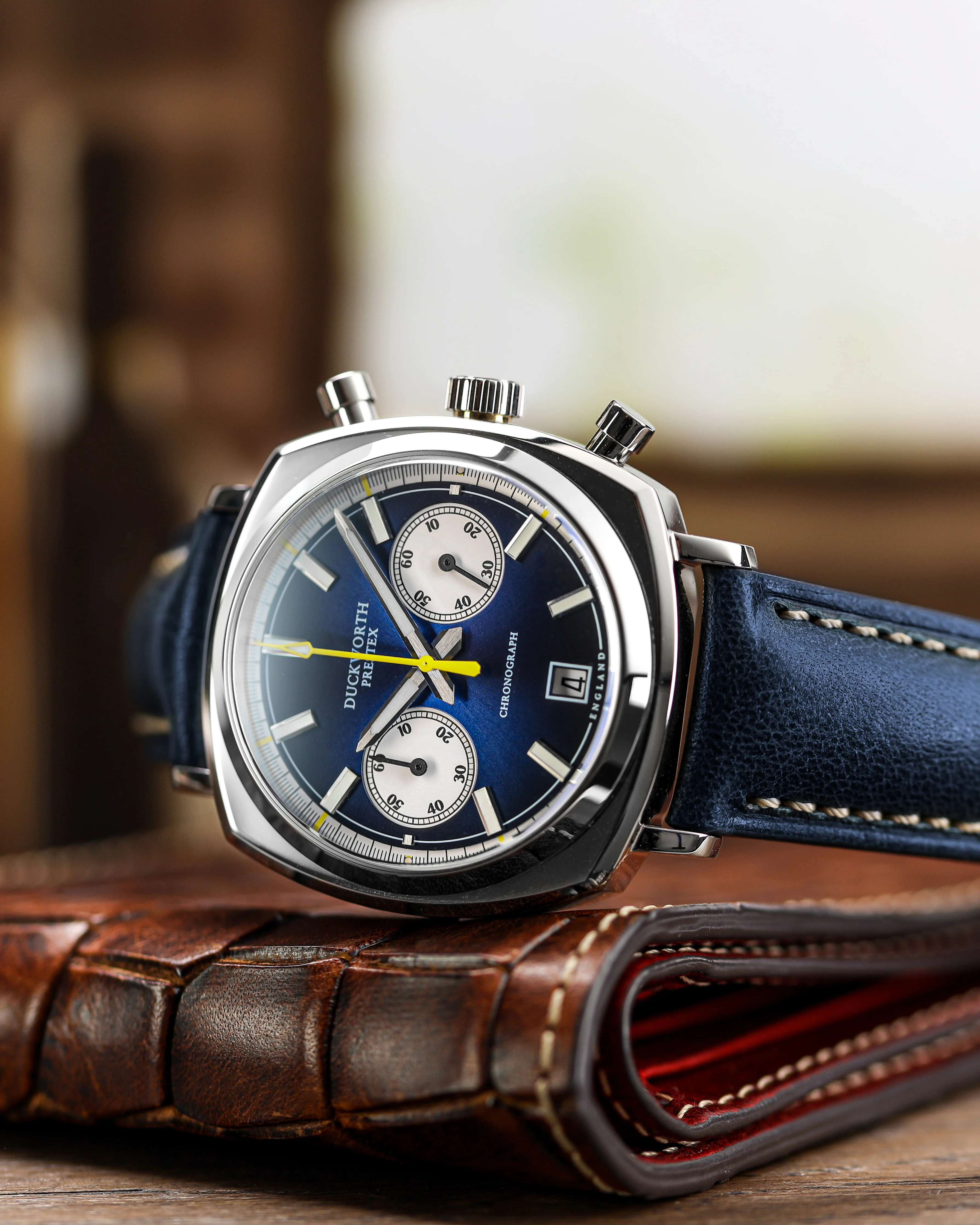 Duckworth Prestex Chronograph 42 Blue Sunburst Blue Leather Watch - Image 3