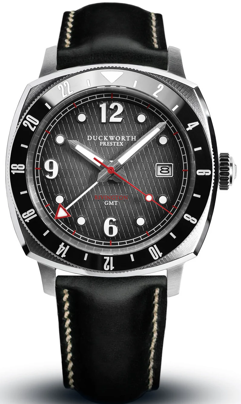 Duckworth Prestex Rivington GMT Black Grey Fume Black Leather Watch
