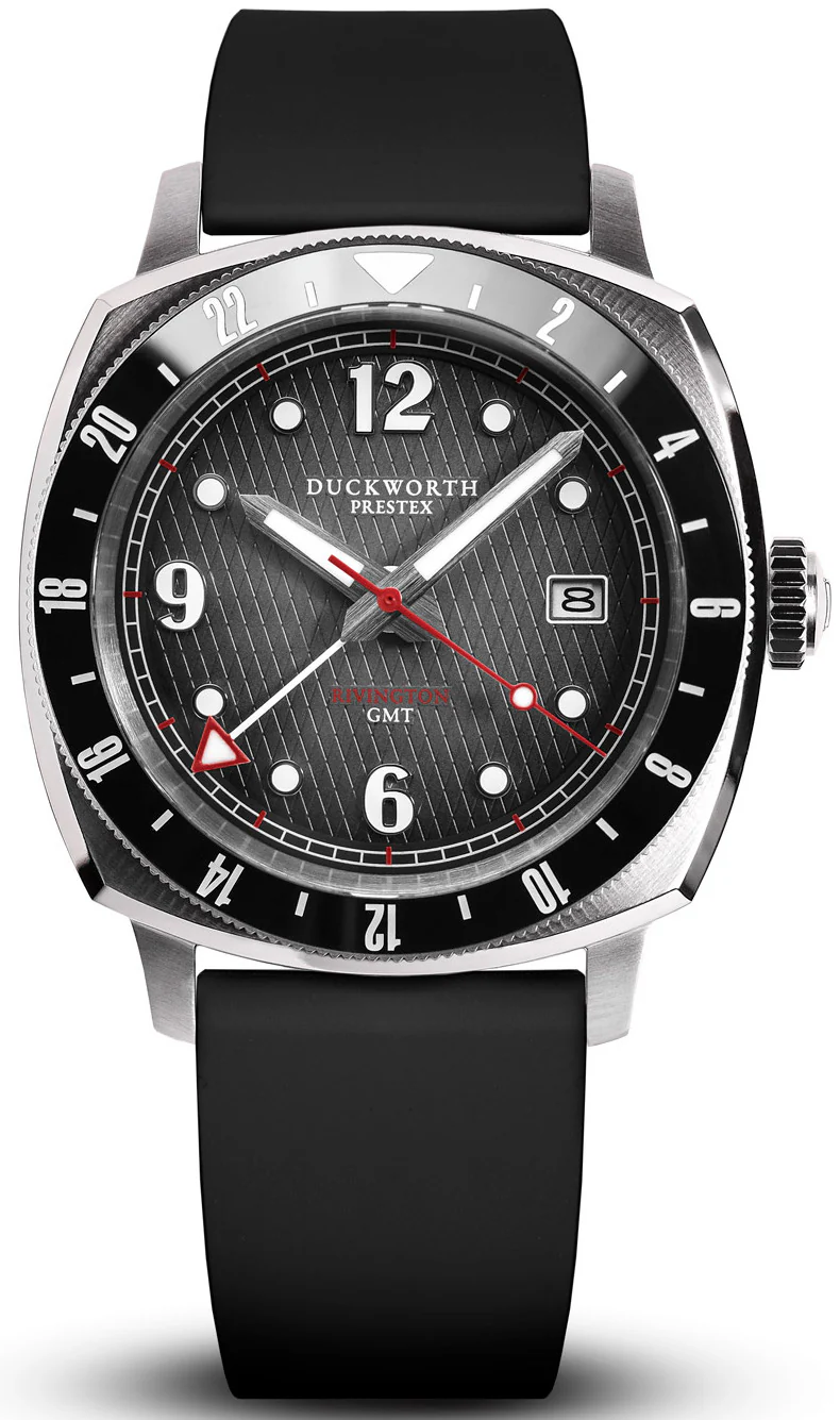 Duckworth Prestex Rivington GMT Black Grey Fume Black Rubber Watch