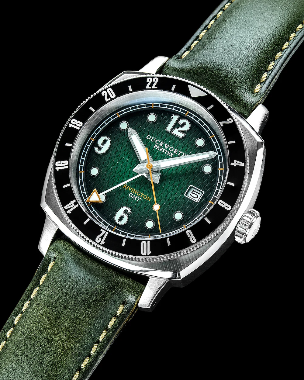 Duckworth Prestex Rivington GMT Green Fume Olive Green Leather Watch - Image 5
