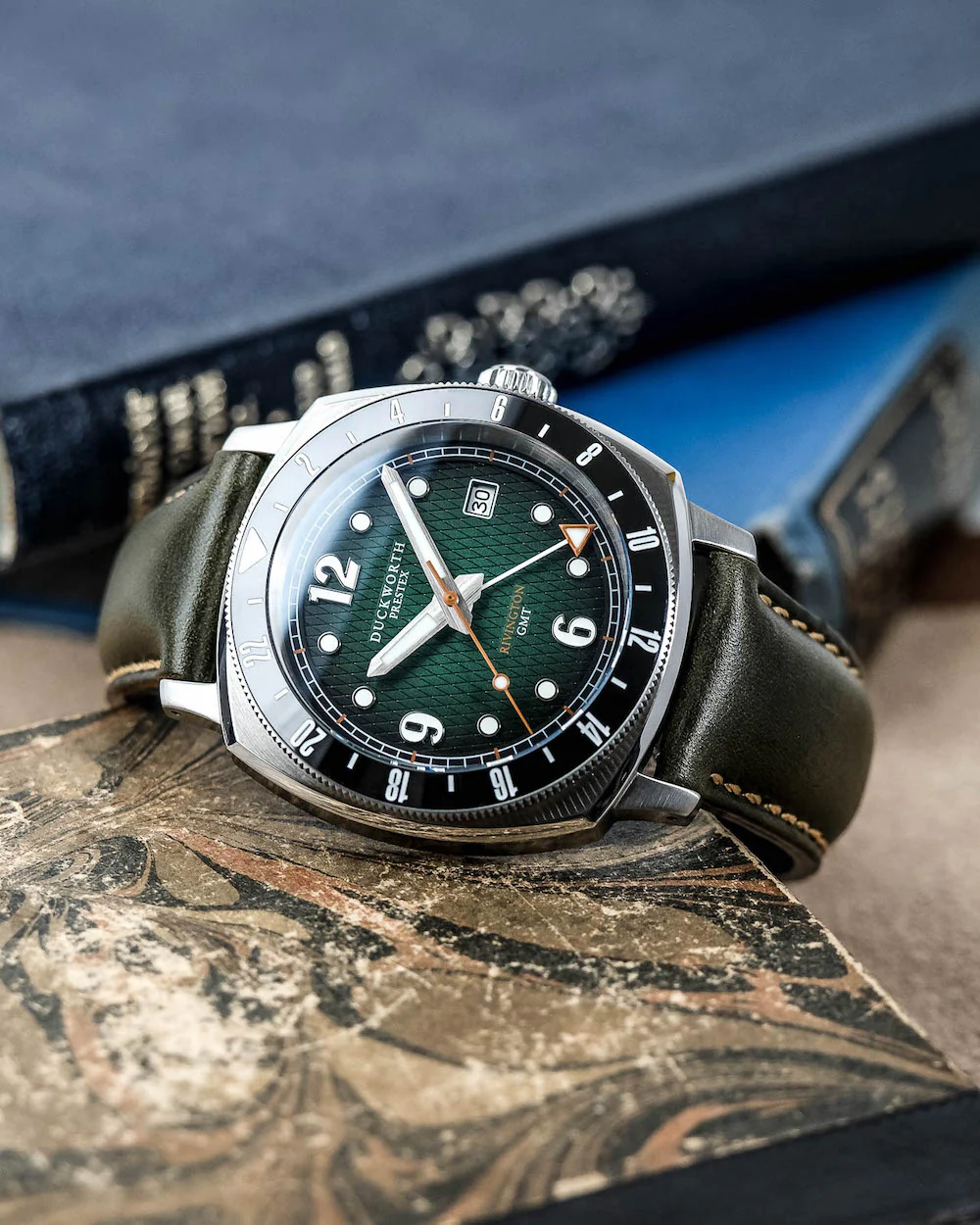Duckworth Prestex Rivington GMT Green Fume Olive Green Leather Watch - Image 6