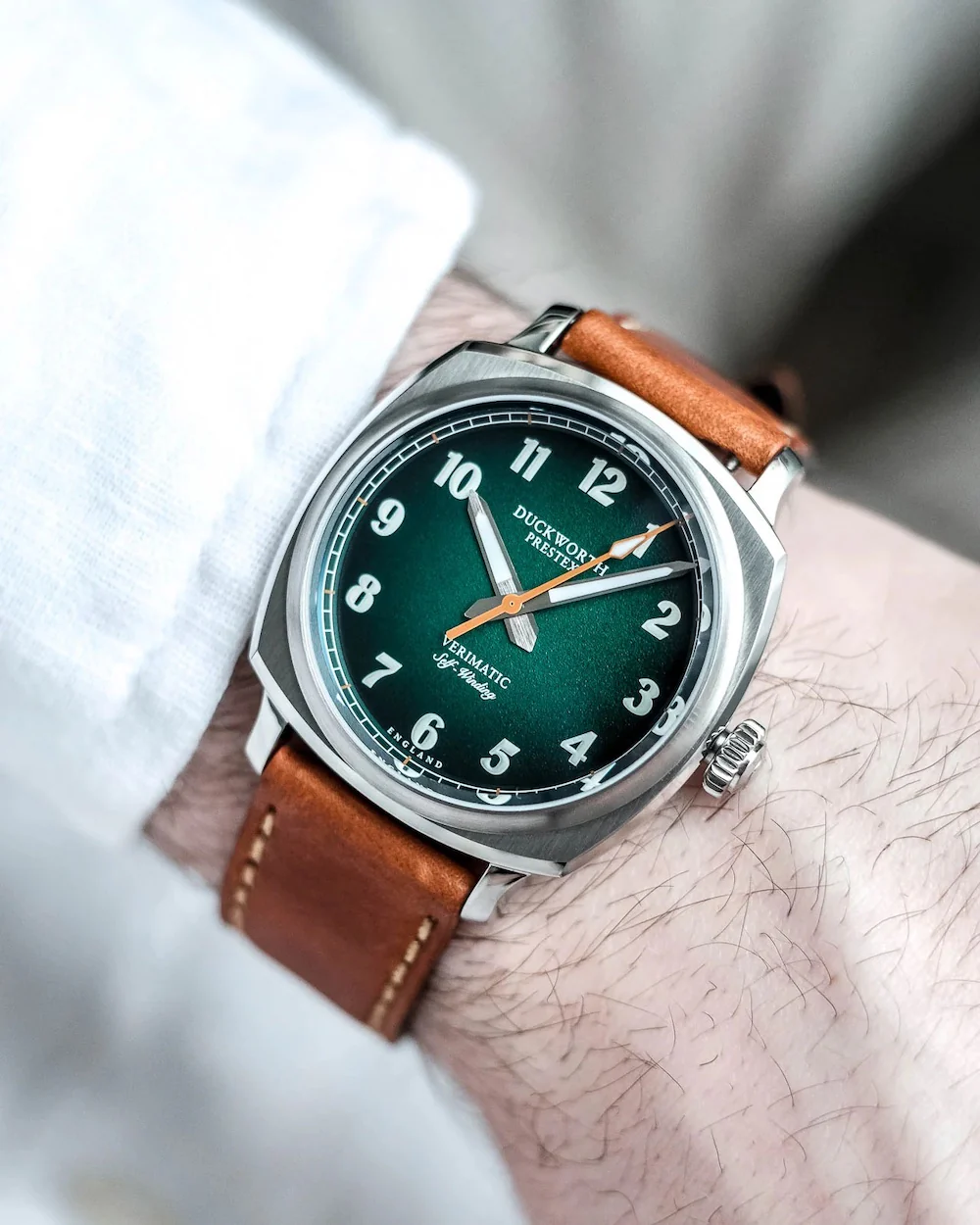 Duckworth Prestex Verimatic Green Fume Vintage Tan Leather Watch - Image 4