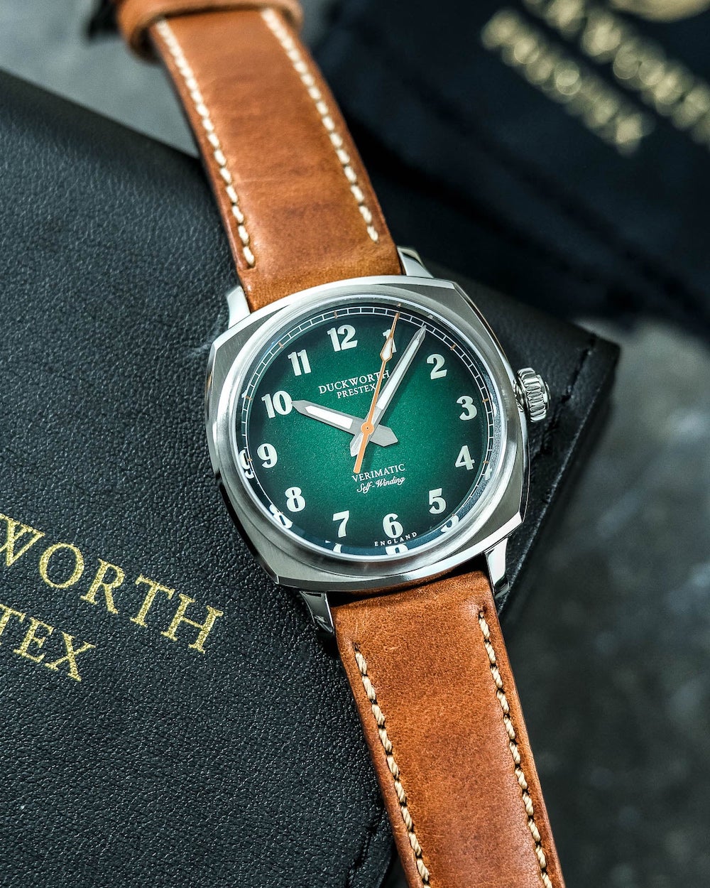 Duckworth Prestex Verimatic Green Fume Vintage Tan Leather Watch - Image 5