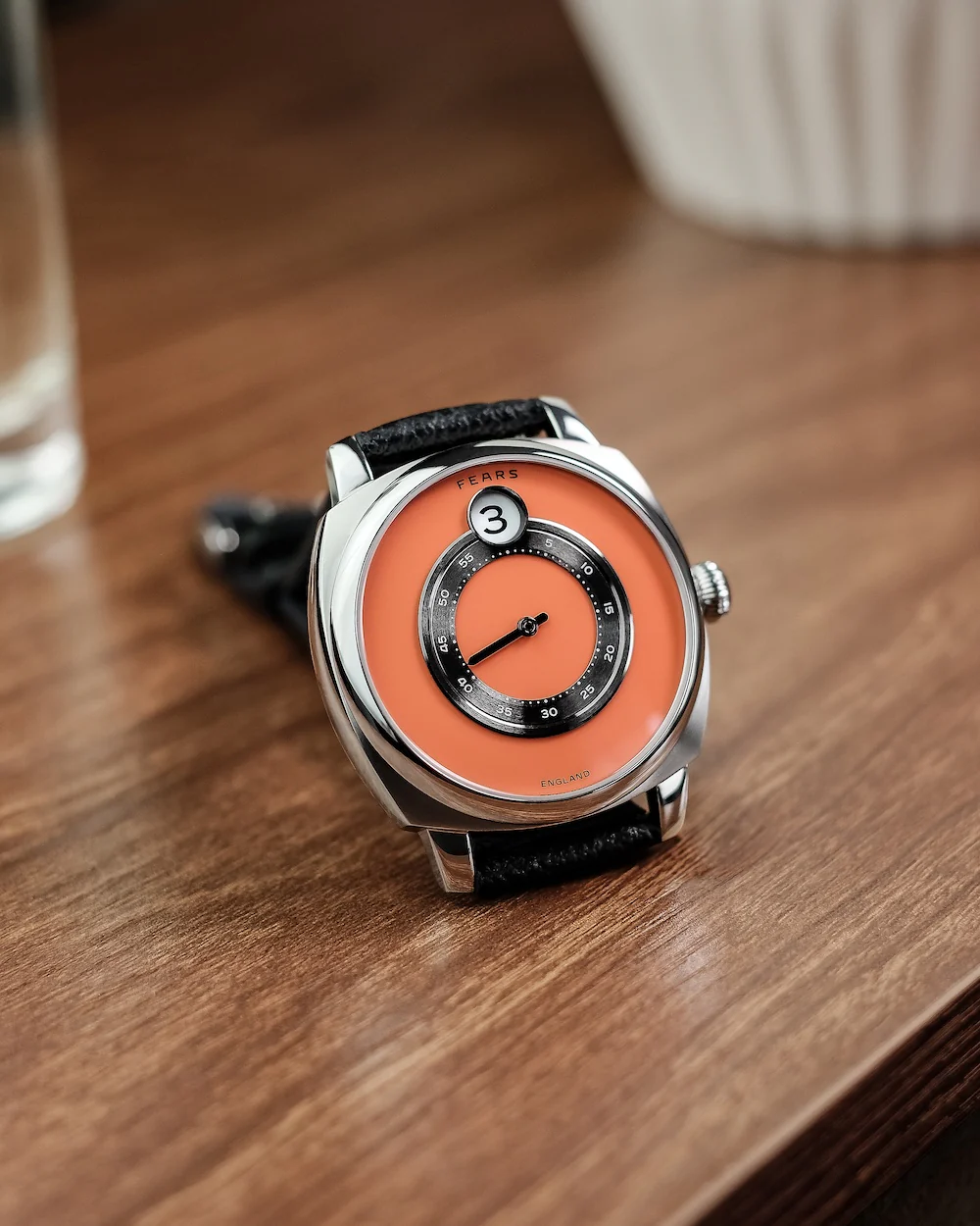 Fears Brunswick 40.5 Jump Hour Coral Lacquer Leather Watch - Image 4
