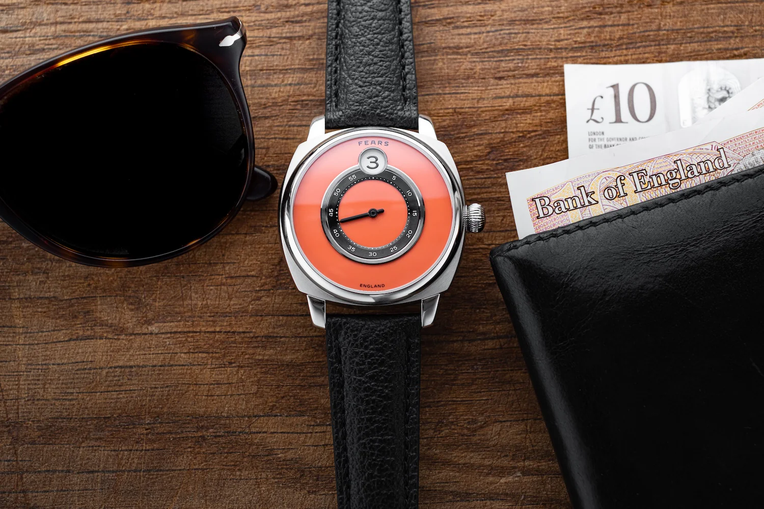 Fears Brunswick 40.5 Jump Hour Coral Lacquer Leather Watch - Image 5