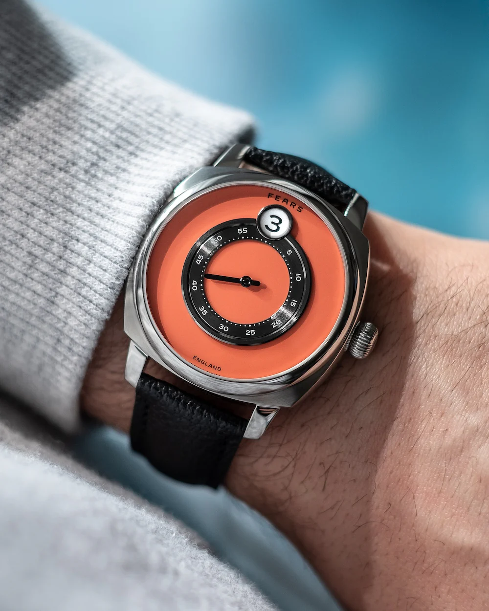 Fears Brunswick 40.5 Jump Hour Coral Lacquer Leather Watch - Image 6