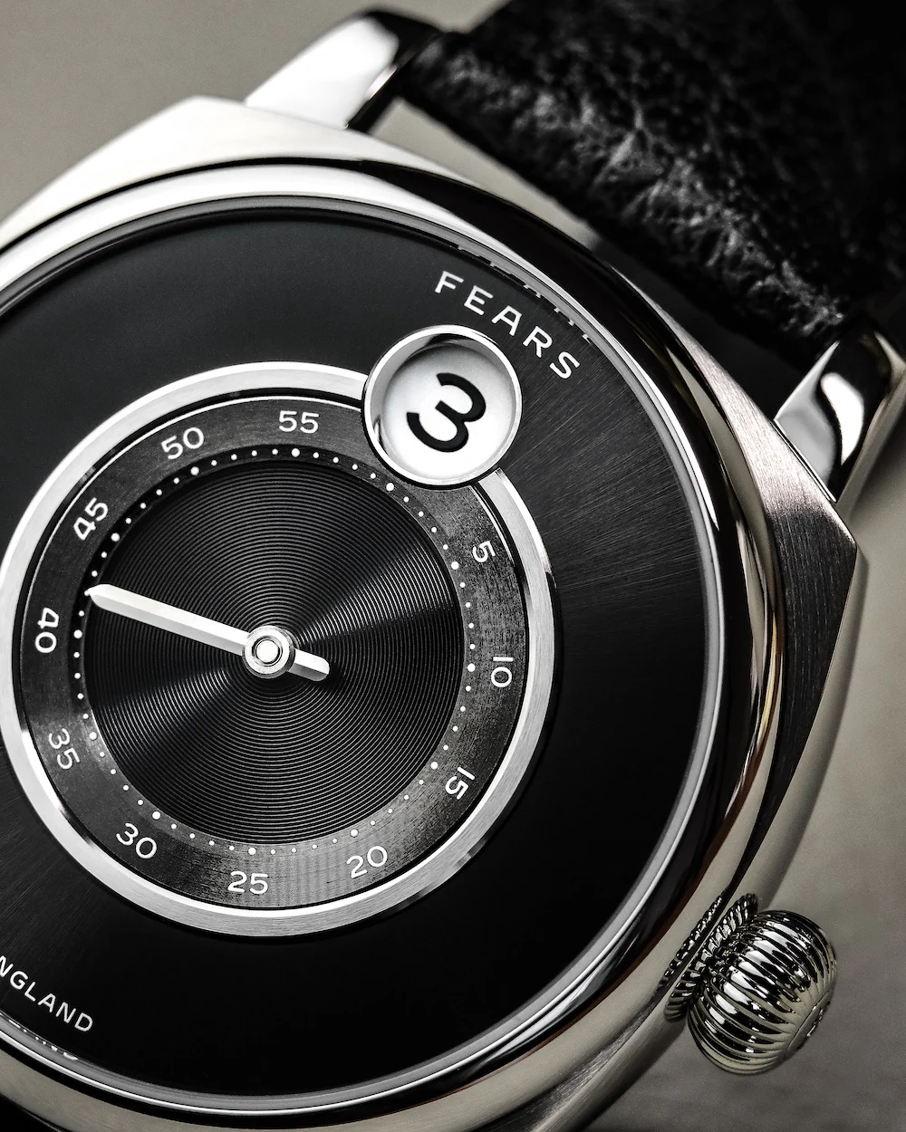 Fears Brunswick 40.5 Jump Hour Raven Black Leather Watch - Image 4