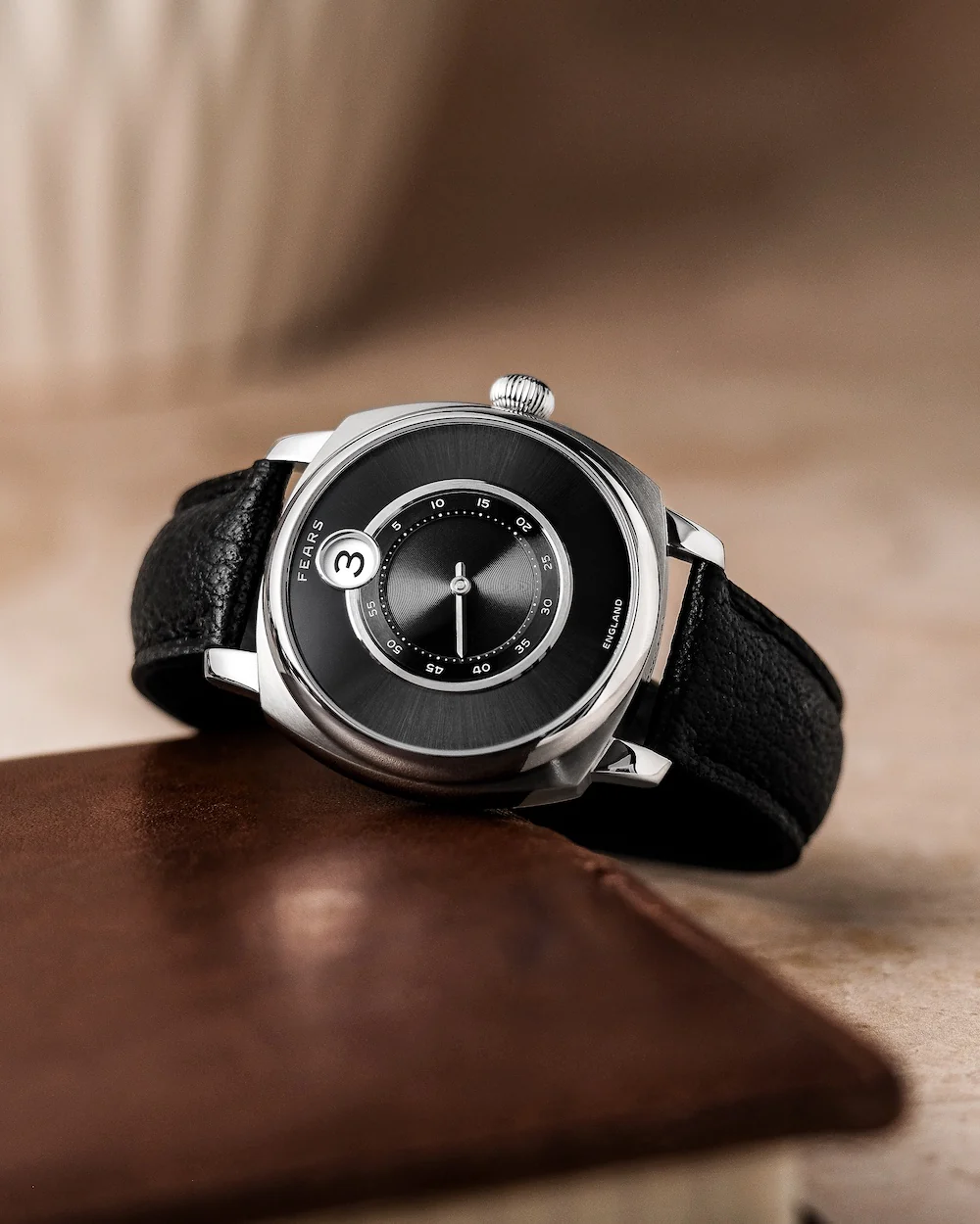 Fears Brunswick 40.5 Jump Hour Raven Black Leather Watch - Image 5