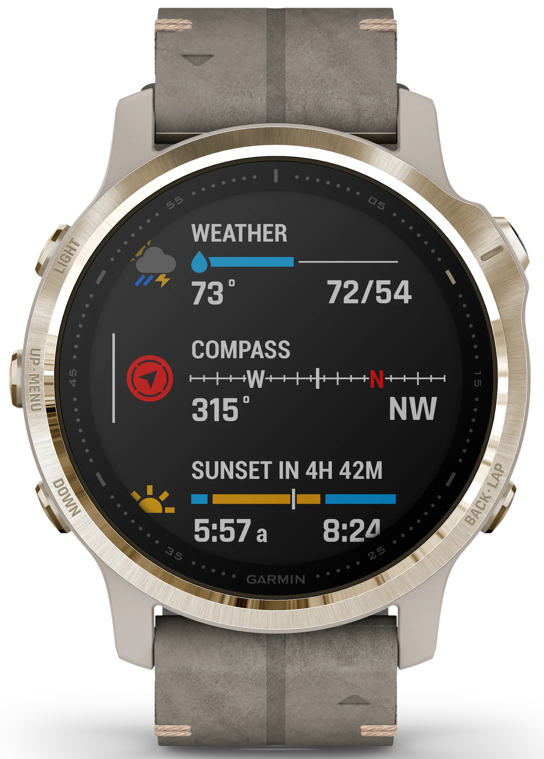 Garmin Watch Fenix 6S Sapphire Light Gold Shale Suede Band D - Image 3