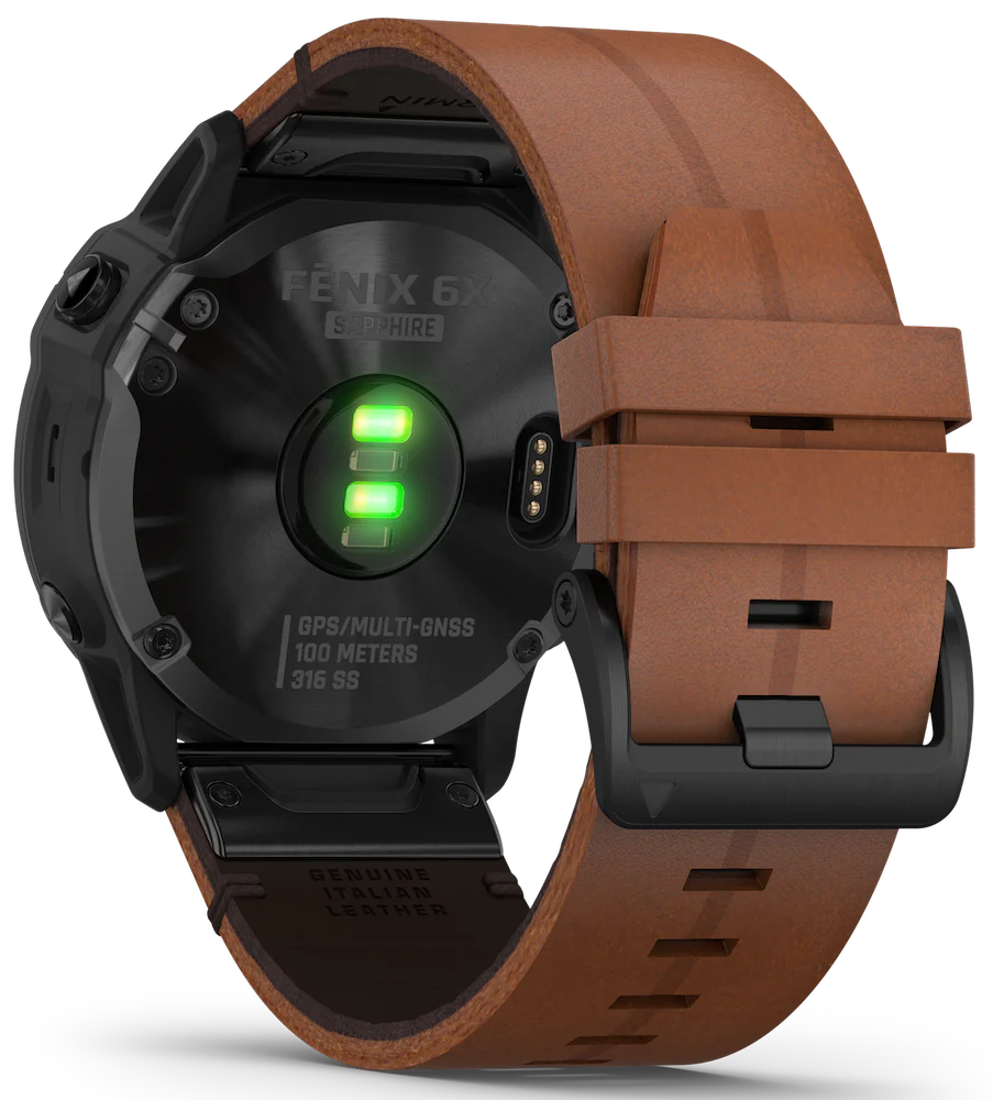 Garmin Watch Fenix 6X Sapphire Black DLC Brown Leather Band D - Image 2