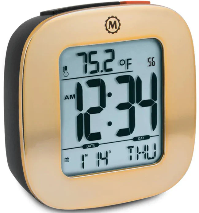 Marathon Clock Compact Alarm Temperature & Date Gold