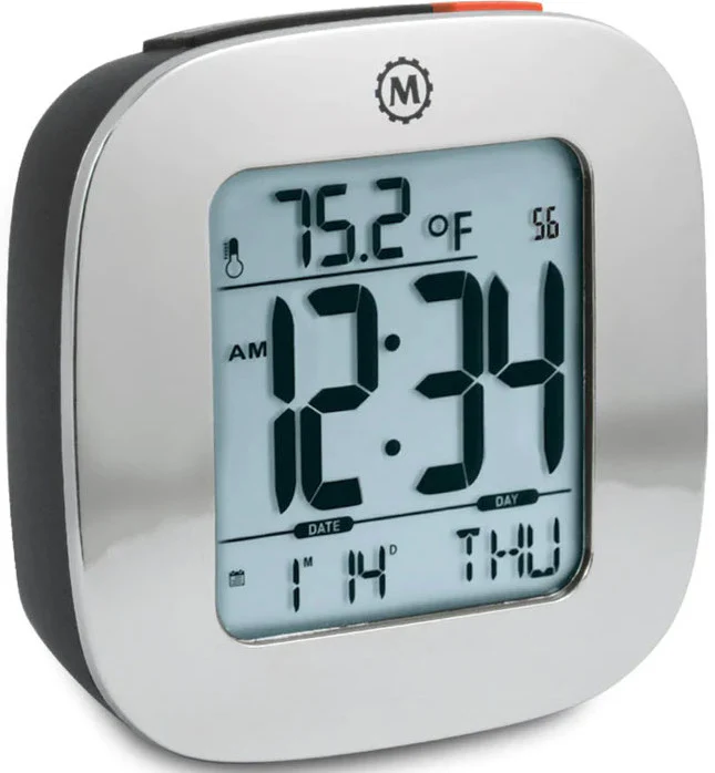 Marathon Clock Compact Alarm Temperature & Date Silver