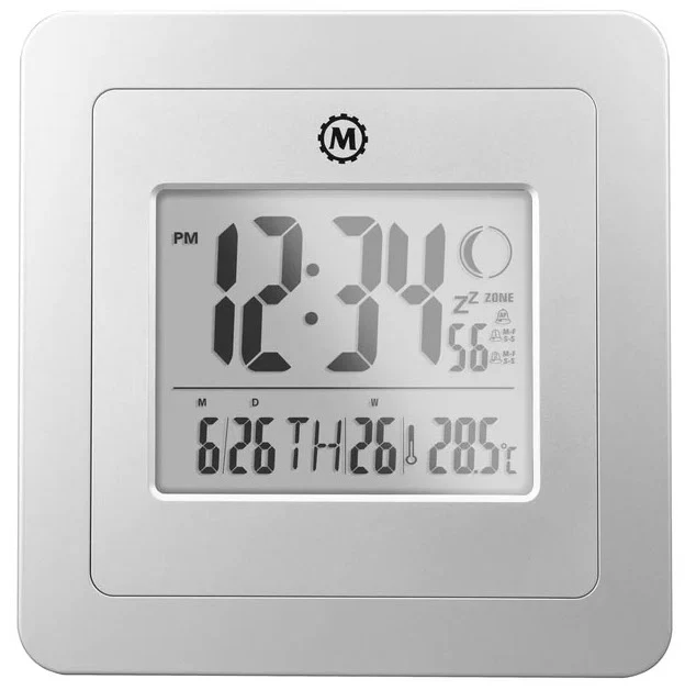 Marathon Clock Digital Wall Day Date Temperature Alarm & Moon Phase Graphite Grey