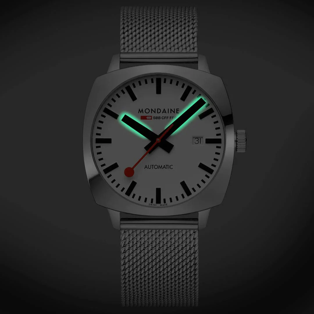 Mondaine Cushion Automatic White Bracelet Watch - Image 2