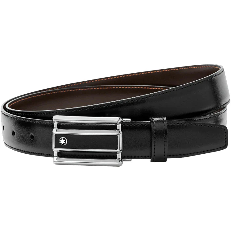 Montblanc Belt Rectangular Cut Out 3 Rings Motif Black Leather And Stainless Steel Plate Buckle Black Brown