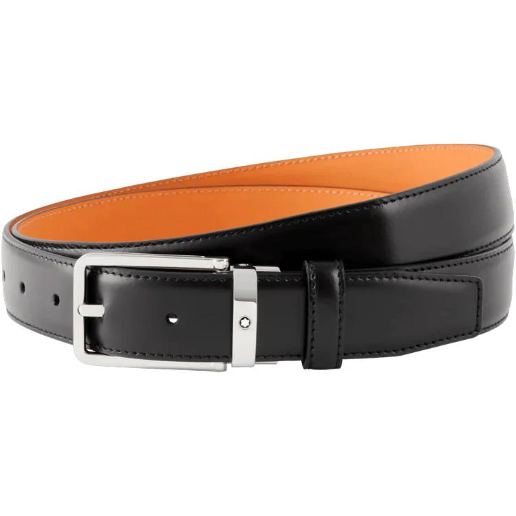 Montblanc Belt Rectangular Leather And Shiny Stainless Steel Pin Buckle Black
