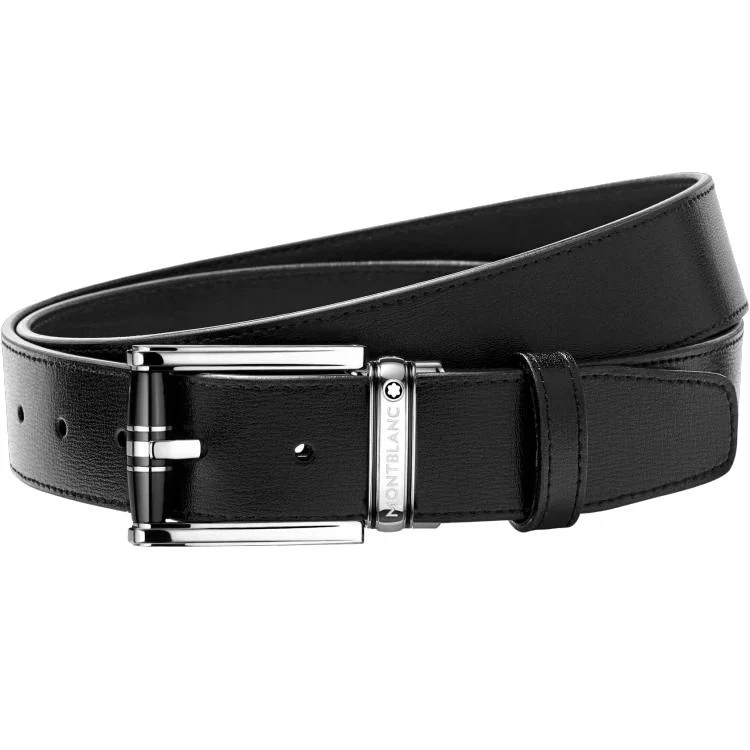 Montblanc Belt Rectangular Roll 3 Rings Motif Black Resin And Shiny Stainless Steel Pin Buckle Black Brown