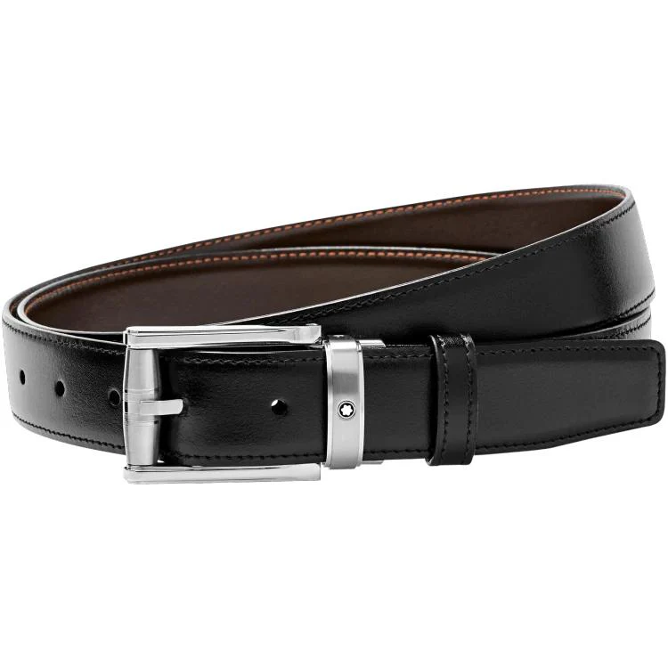 Montblanc Belt Rectangular Roll 3 Rings Motif Shiny And Mat Stainless Steel Pin Buckle Black Brown