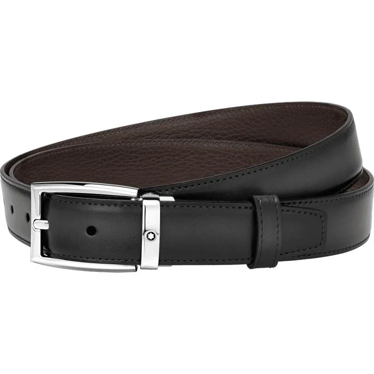 Montblanc Belt Rectangular Shiny Palladium Coated Pin Buckle Brown Grey