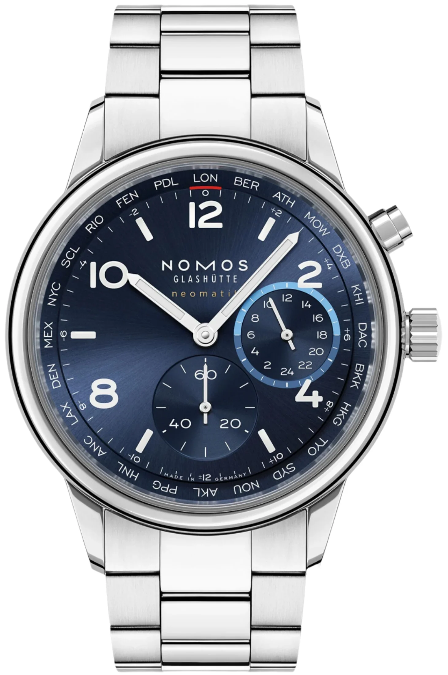 Nomos Glashutte Club Sport Neomatik Worldtimer Blue Sapphire Crystal Watch