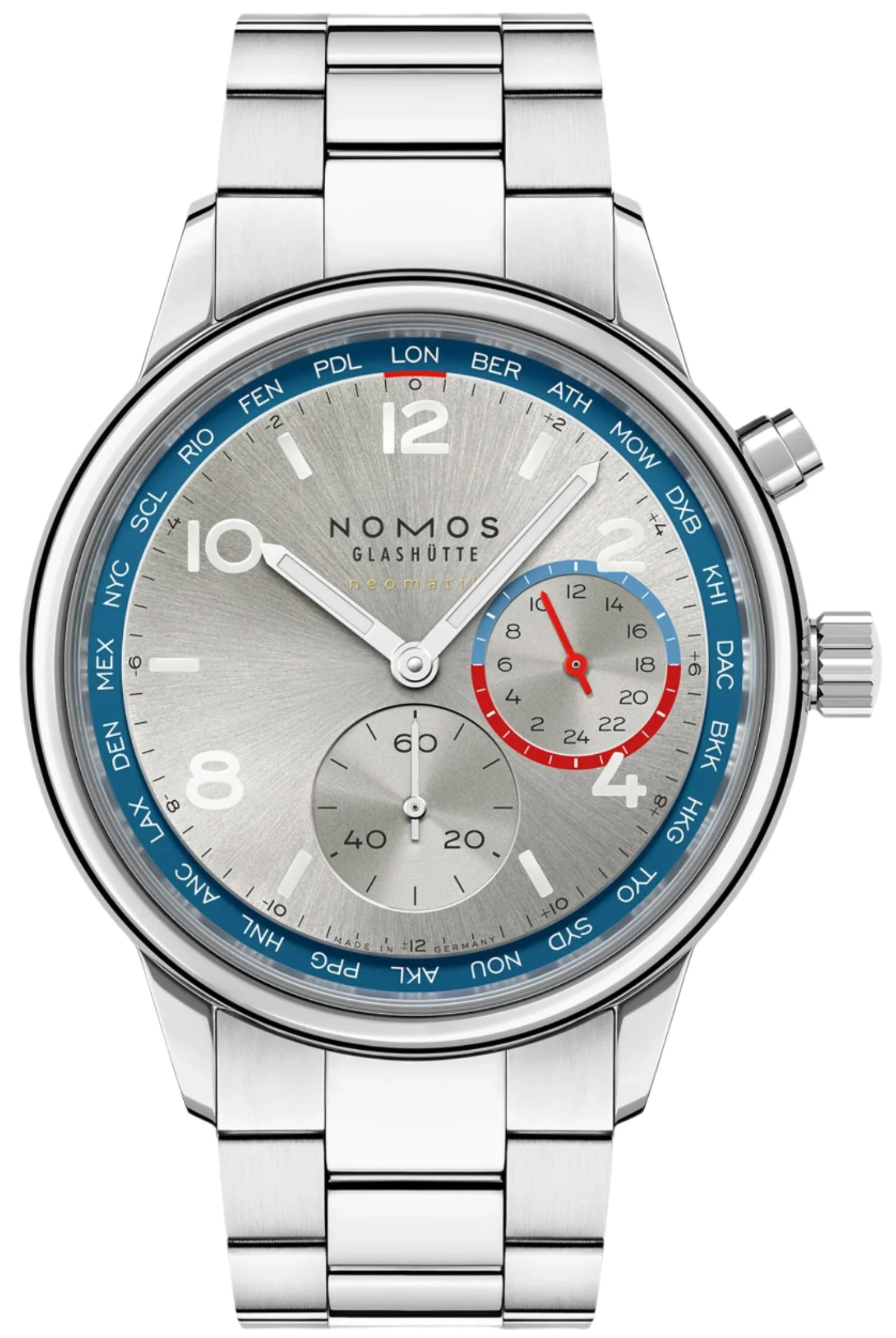 Nomos Glashutte Club Sport Neomatik Worldtimer Silver Sapphire Crystal Watch