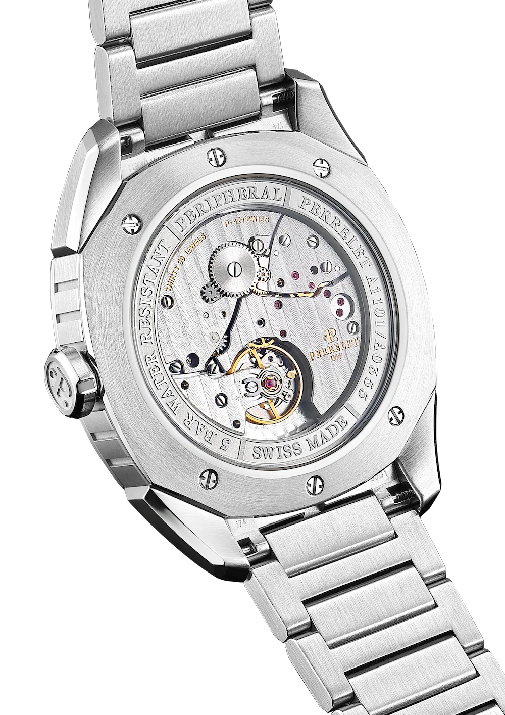 Perrelet LAB Peripheral Big Date Dual Time Salmon Bracelet Watch - Image 4