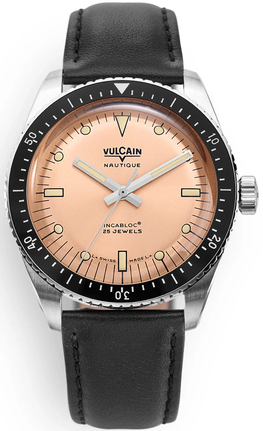Vulcain Skindiver Nautique Salmon Black Leather Limited Edition Watch