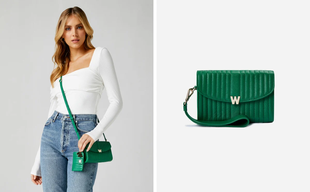 Wolf Mimi Collection Leather Green Crossbody Bag with Wristlet and Lanyard - Image 5